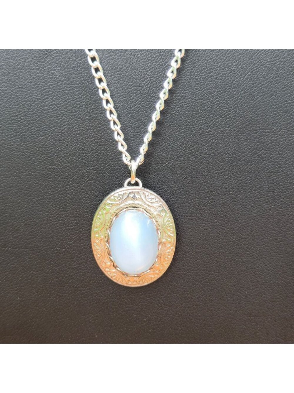 Vintage Necklace Oval Blue Chalcedony Pendant Ornate Etched Design Silver tone - Picture 3 of 11